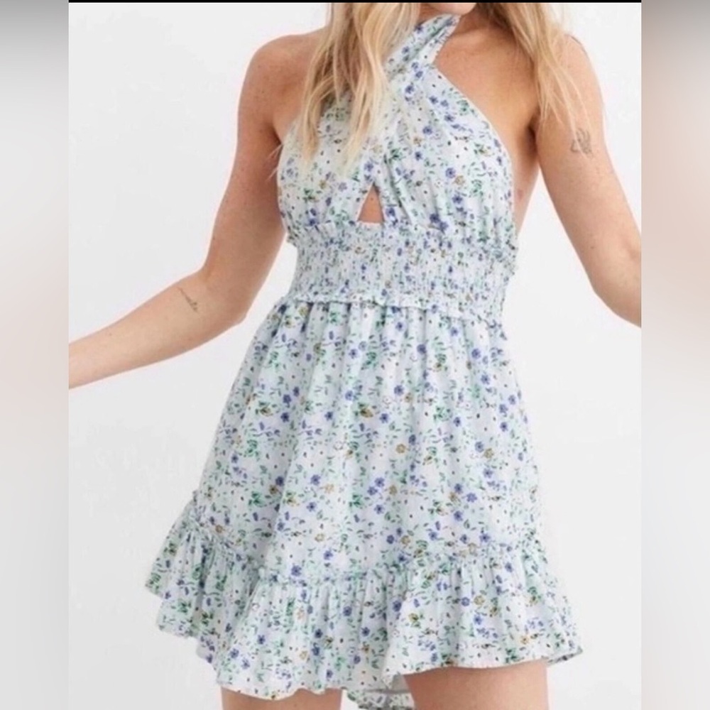 Aerie Ditsy Floral Print Smocked Halter Mini Dress XS